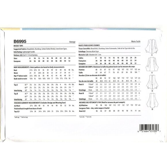 Butterick B6995 Misses 18 to 26 Asymmetrical Tunic Sewing Pattern - Picture 2 of 2